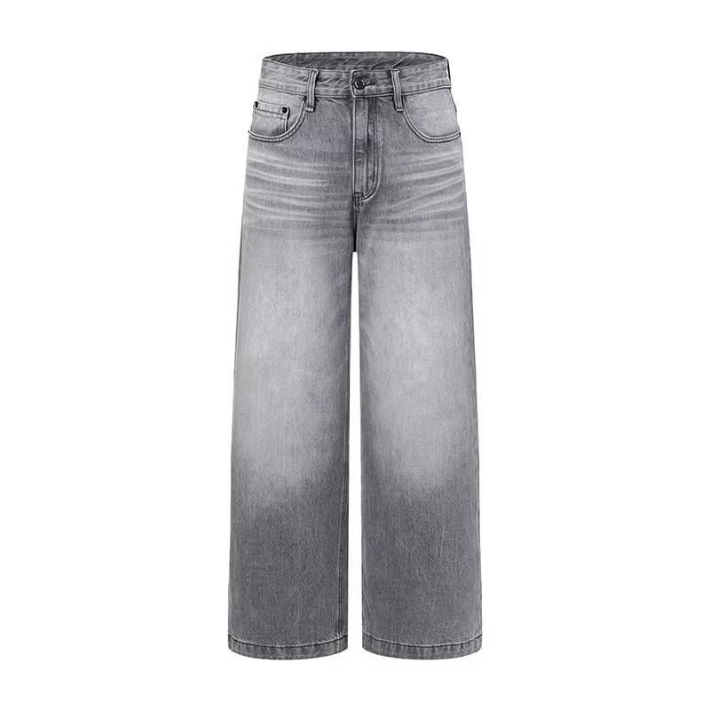 Vintage Washed Wide Leg Jeans For Men - High Waist Straight Loose Fit Denim Pants With Distressed Details (Gray)_mkmklike.com
