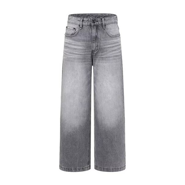 Vintage Washed Wide Leg Jeans For Men - High Waist Straight Loose Fit Denim Pants With Distressed Details (Gray)_mkmklike.com