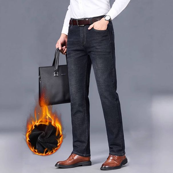 Men's Slim Fit Skinny Jeans Stretch Fleece Lined Thickened Black Casual Denim Midweight Polyester Trousers Simple Wear_mkmklike.com