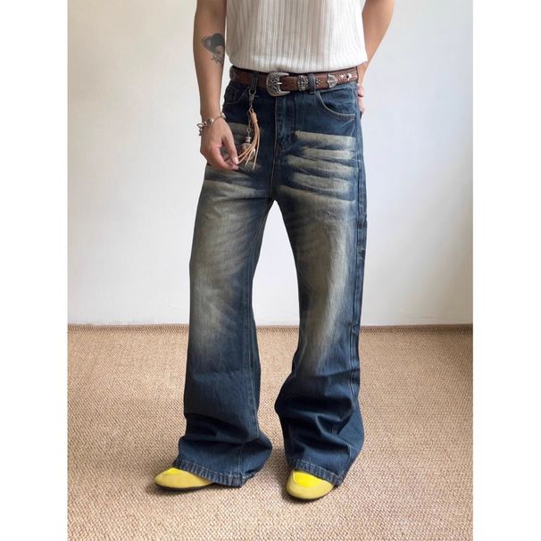 Men's Clothing Retro Washed Lightning Pattern High Street Flared Jeans Trendy Loose Casual Pants For Men And Women_mkmklike.com