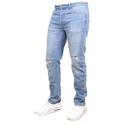 Men's Ripped Straight Leg Jeans Light Blue And Black Cotton Casual Mid Waist Zipper Fly Spring Autumn_mkmklike.com