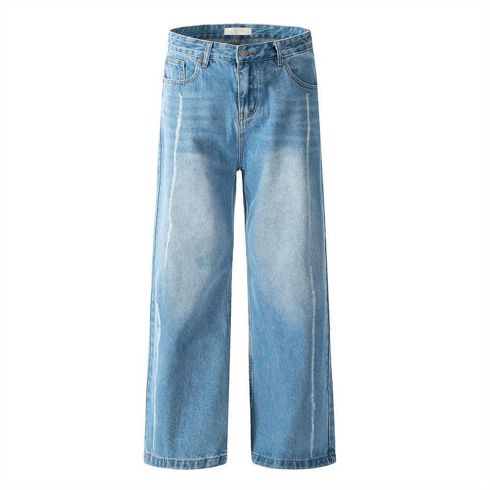 Punk Washed Distressed Jeans Casual Versatile Design High Street Men's Vintage Loose Wide-Leg Straight Long Pants_mkmklike.com
