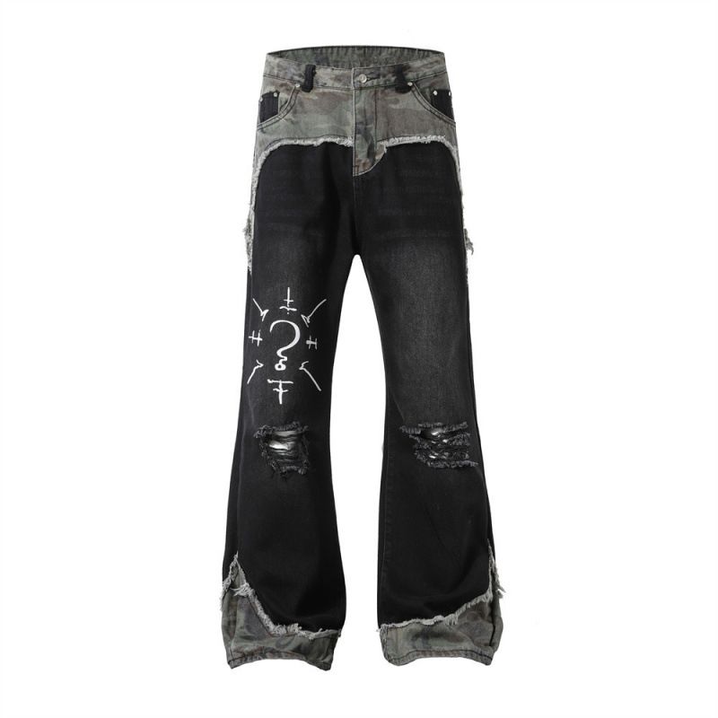 Men's Punk Camo Patchwork Distressed Denim Bell Bottom Pants - Hippie Style Loose Fit Long Jeans With Unique Design_mkmklike.com