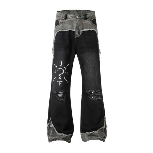 Men's Punk Camo Patchwork Distressed Denim Bell Bottom Pants - Hippie Style Loose Fit Long Jeans With Unique Design_mkmklike.com