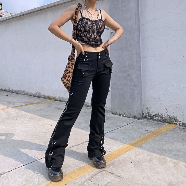 Women's Low Waist Straight Slim Jeans Trendy Cool Zip Detailing Casual Cotton Trousers For Autumn Fashion American Style_mkmklike.com