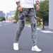 Men's Slim Straight Stretch Jeans - Distressed Black & Grey Denim Pants For Casual Wear - High Waist Comfort Fit - Vintage Style_mkmklike.com