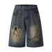 Men's Clothing Painted Spider Denim Shorts Loose Retro Distressed Blue Straight Shorts_mkmklike.com