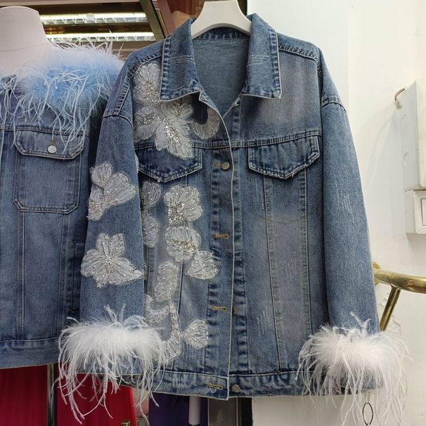 Women’s Embellished Denim Jacket – French-Inspired Distressed Loose Fit With Beaded & Sequined Details (Blue, M-L, Long Sleeve, Turn-Down Collar)_mkmklike.com
