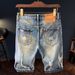 Men's Distressed Denim Shorts Vintage Washed Blue Stretch Casual Style with Rip Details 28 to 36_mkmklike.com