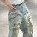 Men's Streetwear Denim Pants – Oversized Distressed Jeans With Hand-Painted Graffiti & Vintage Washed Look (Light Blue, Straight Fit)_mkmklike.com