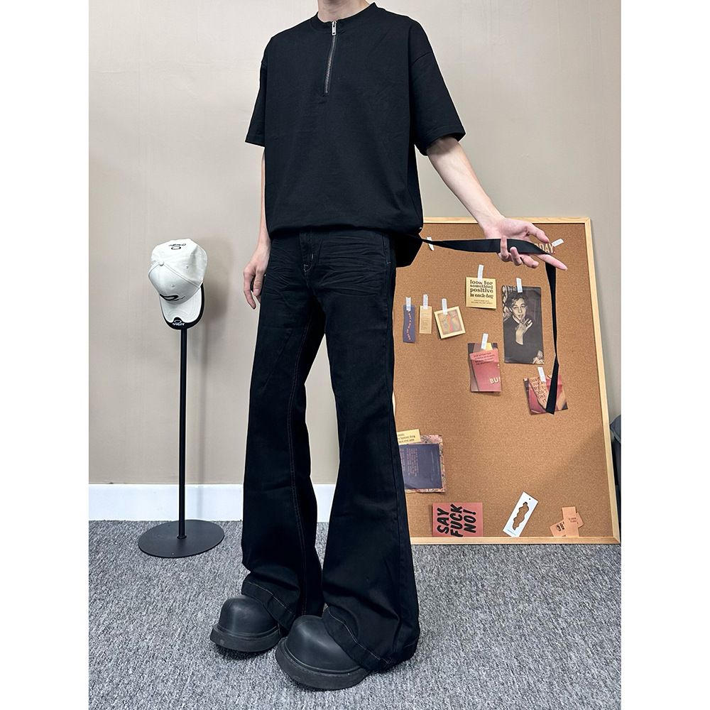 Men's Clothing High Street Style Street Style Men's Stretchy Flared Jeans With Belt Loops - High Waist Wide Leg Dark Black Denim Pants For Summer_mkmklike.com