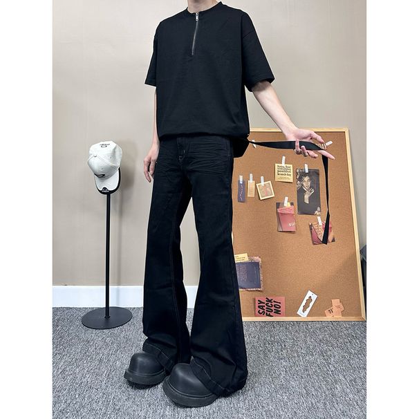 Men's Clothing High Street Style Street Style Men's Stretchy Flared Jeans With Belt Loops - High Waist Wide Leg Dark Black Denim Pants For Summer_mkmklike.com