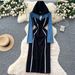 Vintage Denim Patchwork Hooded Dress - Casual Elegant Midi Dress For Women, Slim Fit High Waist, Long Sleeve, Pullover Style_mkmklike.com