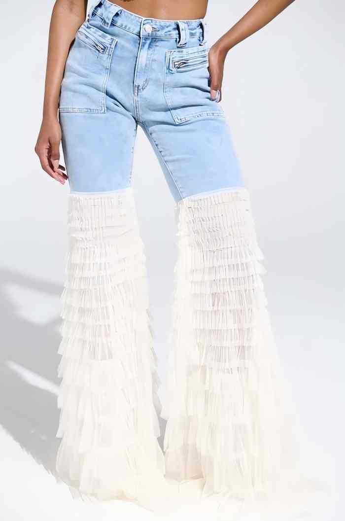 Trendy High-Waisted Flared Jeans For Women – Distressed Patchwork & Mesh Design, Comfort Stretch, Blue & White (S-Xxl)_mkmklike.com