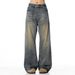 Vintage Distressed Washed Denim Jeans – Relaxed Straight-Leg & Baggy Fit | Retro Streetwear Pants For Men_mkmklike.com