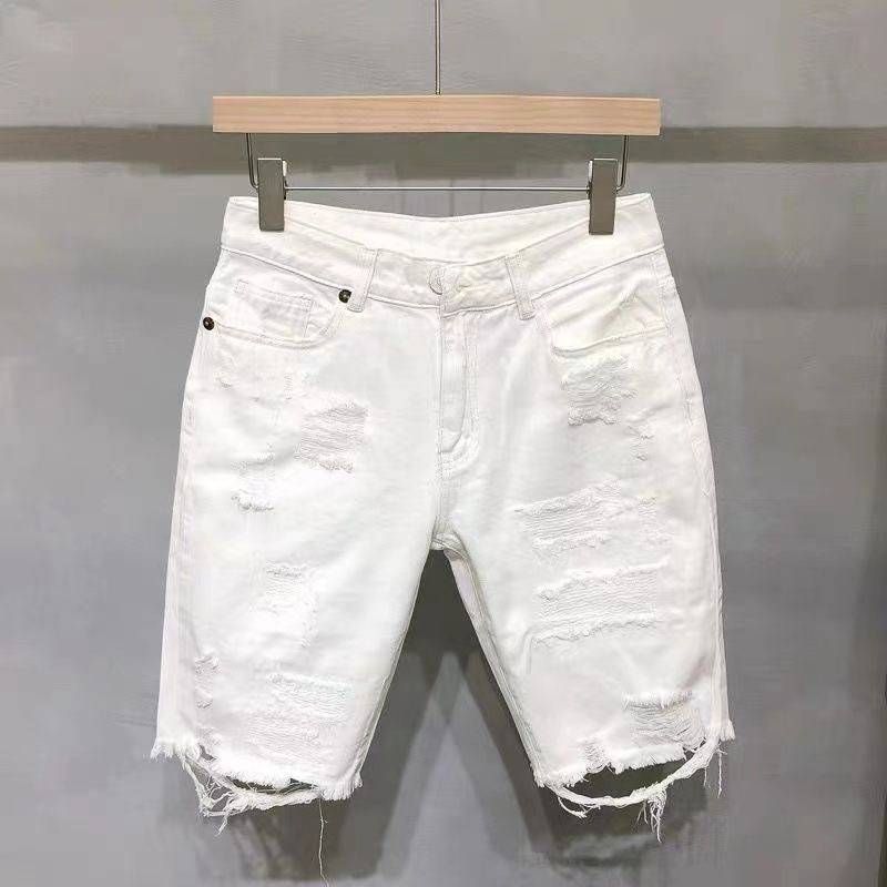 Men's Clothing Ripped Denim Shorts Men's Summer Thin Loose Straight Cat Whisker White Five-point Pants Trendy Brand Mid-length Pants_mkmklike.com
