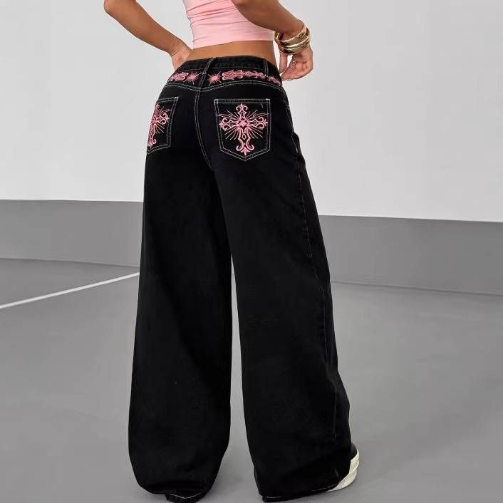 Embroidered Vintage Wide-Leg Jeans – Floral Cross Stitch On Black Denim (High Waist, Sizes 26-31)_mkmklike.com