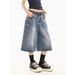Men's Clothing Retro Washed Old Lightning Pattern Three Quarter Denim Shorts Loose Straight Wide Leg Mid Length Pants_mkmklike.com