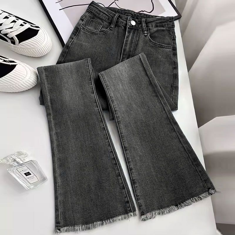 Vintage High Waist Flared Jeans For Women - Stretchy Bootcut Denim Pants With Raw Hem & Distressed Details_mkmklike.com