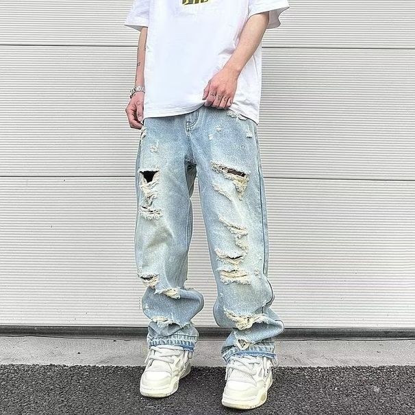 Pulse European And American High Hip-Hop Vibe Washed Blue Distressed Cat Whiskers Street Summer Straight-Leg Pants Loose Men's_mkmklike.com