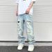Pulse European And American High Hip-Hop Vibe Washed Blue Distressed Cat Whiskers Street Summer Straight-Leg Pants Loose Men's_mkmklike.com