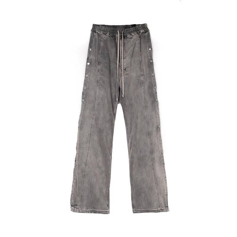 RO RICK Style Hip Hop Street Style Washed Distressed Smoky Gray Floor Length Button Down Jeans, Same Style As Central Cee._mkmklike.com