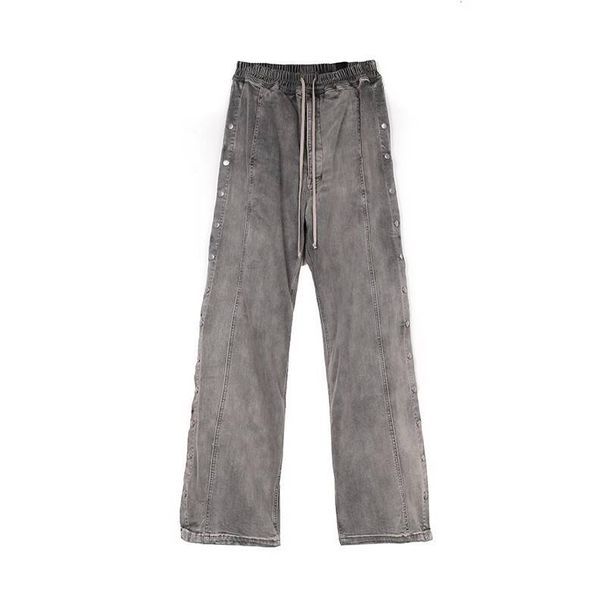 RO RICK Style Hip Hop Street Style Washed Distressed Smoky Gray Floor Length Button Down Jeans, Same Style As Central Cee._mkmklike.com