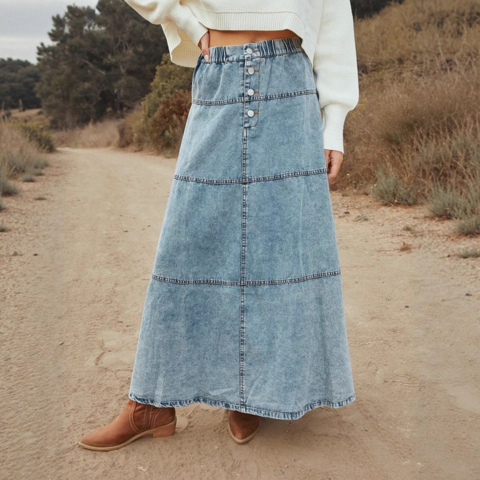 Bohemian A-Line Denim Skirt With Layered Hem & Abstract Print - Mid-Length Raw Edge Denim Skirt For Women_mkmklike.com