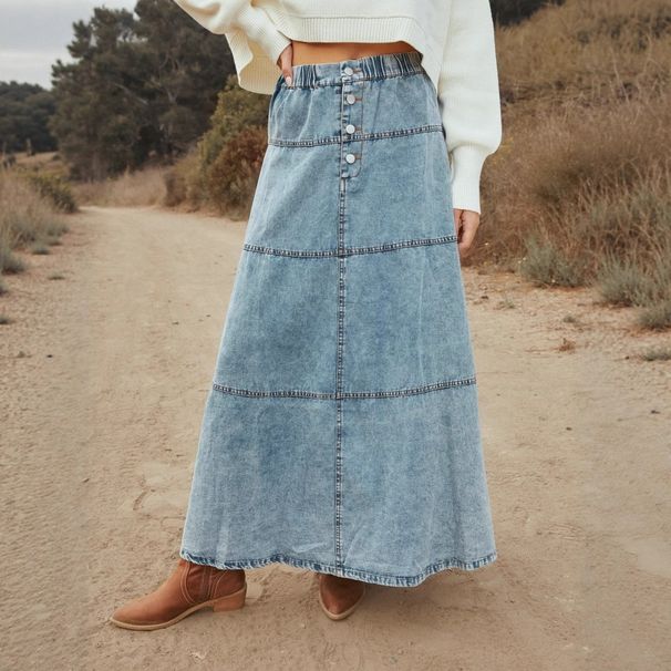 Bohemian A-Line Denim Skirt With Layered Hem & Abstract Print - Mid-Length Raw Edge Denim Skirt For Women_mkmklike.com