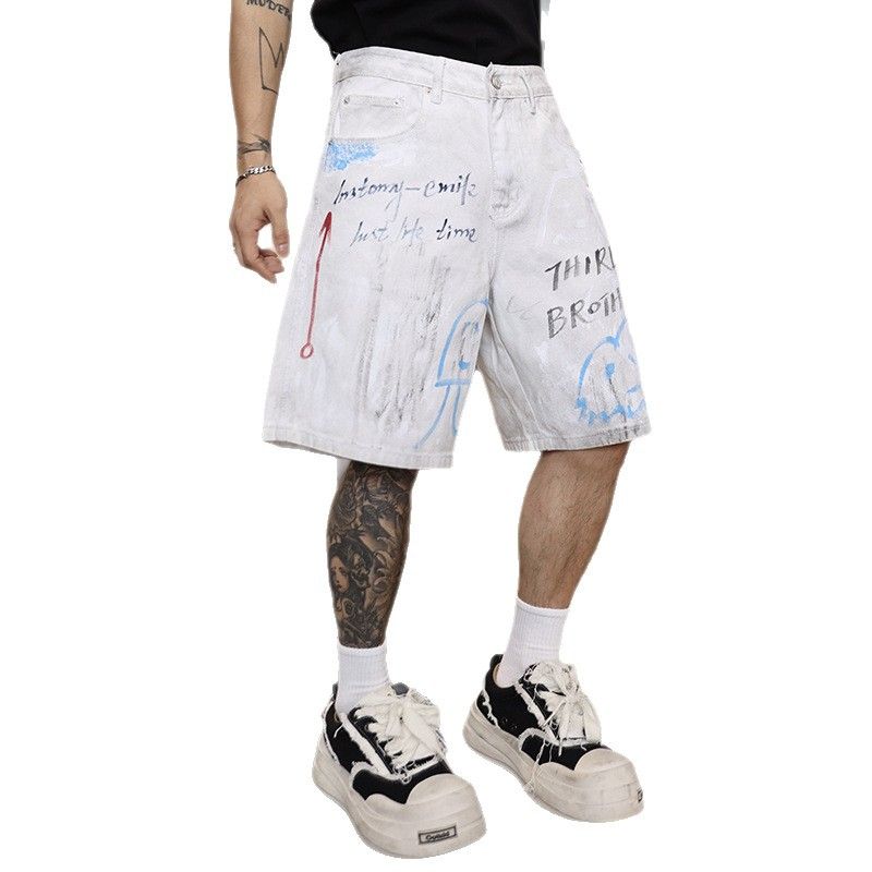 Men's Heavyweight Designer Graffiti Dirty Denim Shorts High End Casual Outdoor Five Point Pants Cool Stylish Fit_mkmklike.com