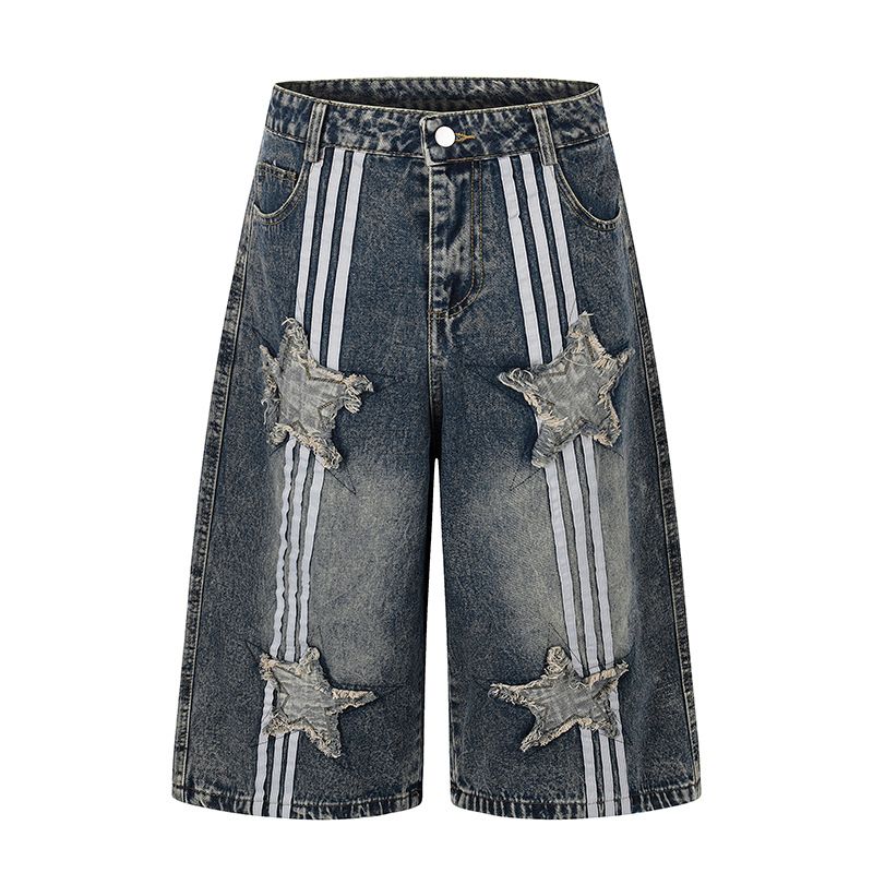 Vintage Americana Star Patch Embroidered Distressed Denim Capri Pants For Men And Women, High Street Summer Wide Leg Cropped Trousers_mkmklike.com