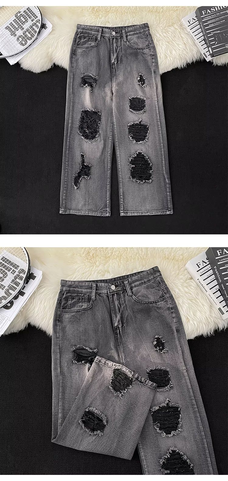 "Women's High-Waisted Wide Leg Jeans - Retro American Letter Print Design, Loose Fit Denim Pants For Casual & Streetwear"_mkmklike.com