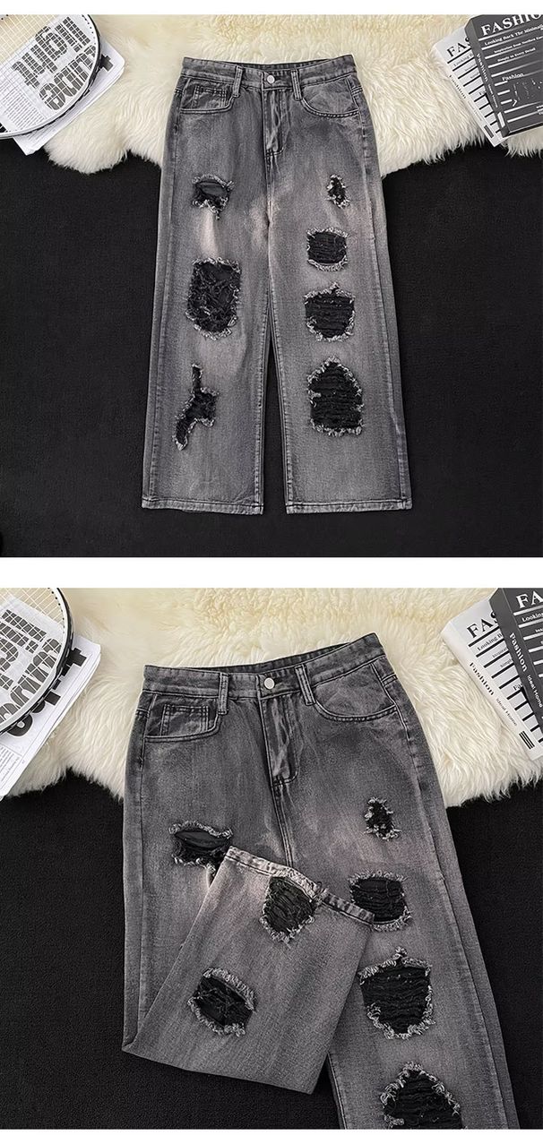 "Women's High-Waisted Wide Leg Jeans - Retro American Letter Print Design, Loose Fit Denim Pants For Casual & Streetwear"_mkmklike.com