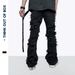 Dark Retro Light Style Stretch Flared Jeans With Double-Layer Distressed Hem & Ribbon Trim - Slim Fit, High Waist, Vintage Wash (Black)_mkmklike.com