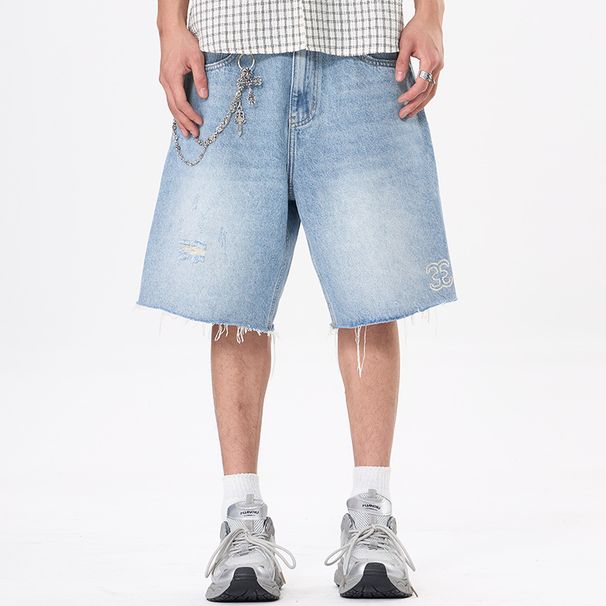 New Summer Trendy Brand Washed Ripped Denim Shorts For Men, Casual, Loose, Straight Leg, Five Point Pants, In Stock._mkmklike.com