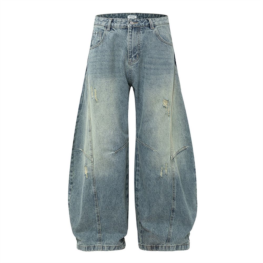 Loose Wide-Leg Ripped Washed Denim Scimitar Unique Design Gradient Vintage Deconstructed Patchwork Long Pants For Men_mkmklike.com