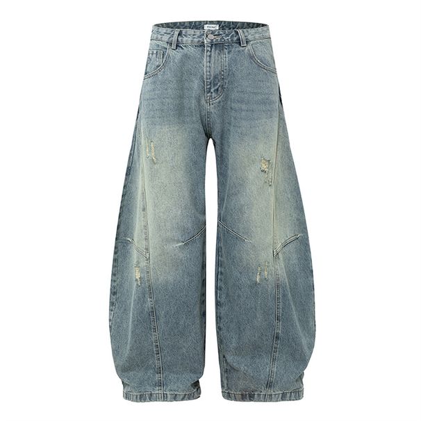 Loose Wide-Leg Ripped Washed Denim Scimitar Unique Design Gradient Vintage Deconstructed Patchwork Long Pants For Men_mkmklike.com