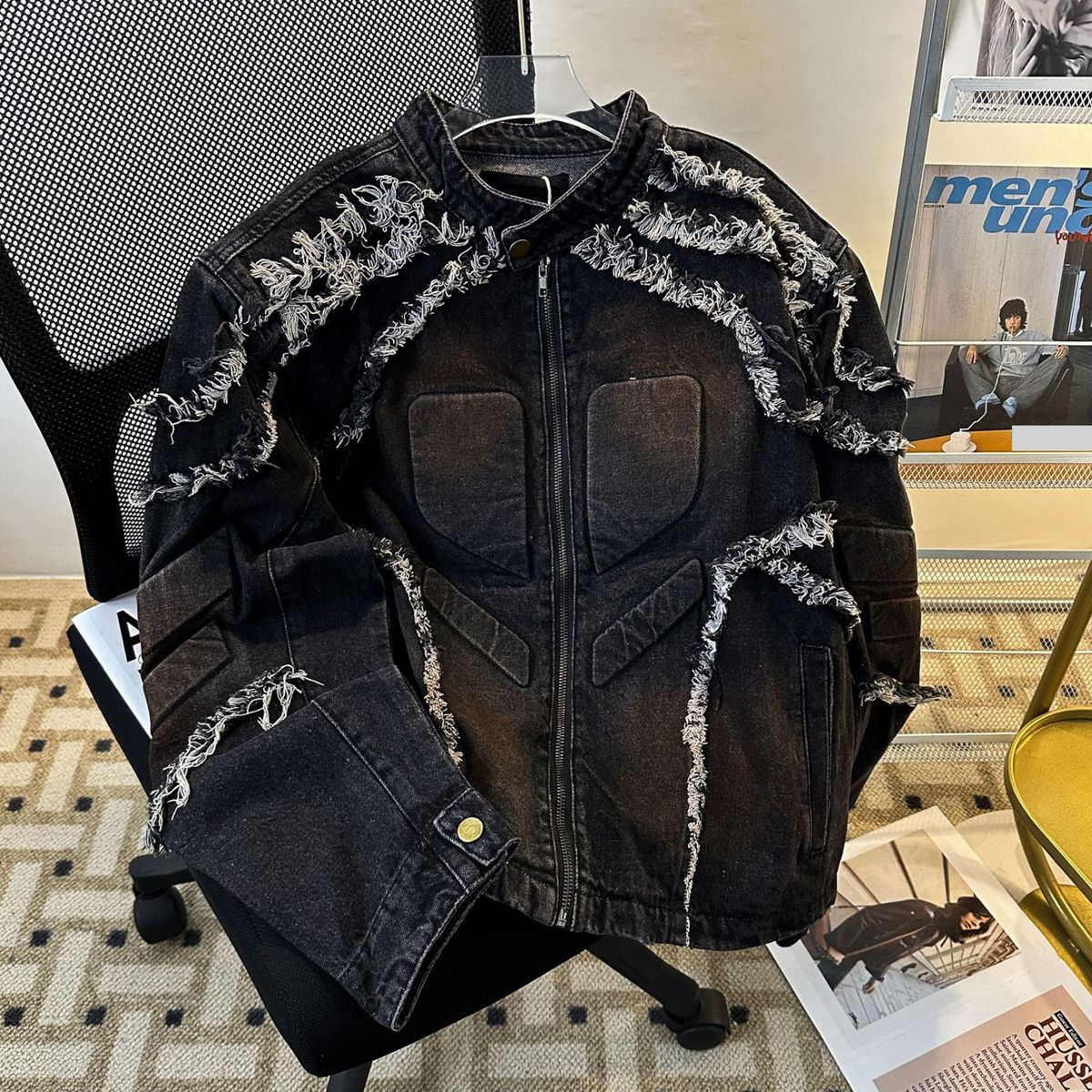 Men's Distressed Embroidered Denim Jacket With Shoulder Pads - Retro Style Biker Coat For Men, Stand Collar Loose Fit Casual Outerwear_mkmklike.com