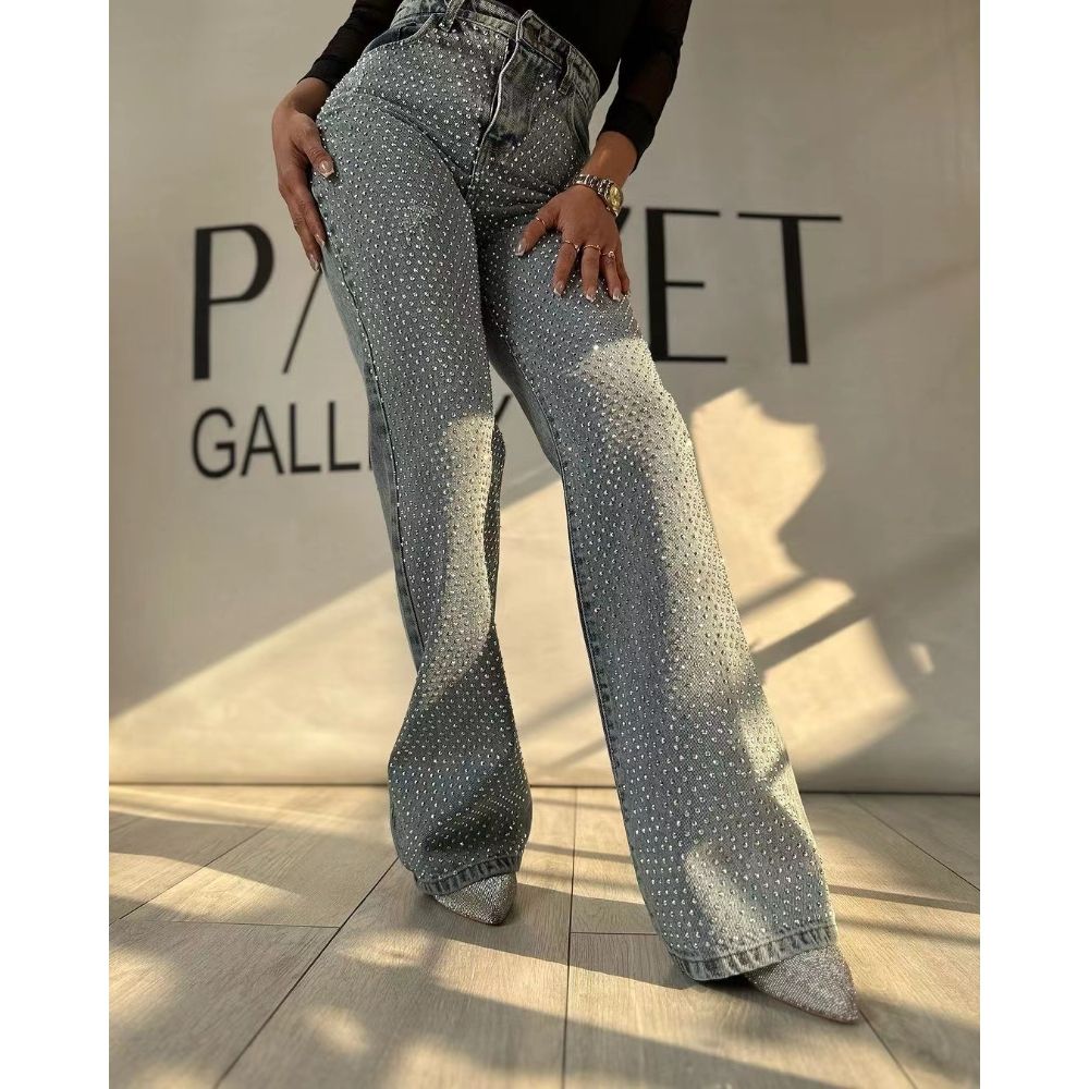 Women's Clothing Glam Rhinestone-Embellished High Waist Flare Jeans – Bodycon Stretch Denim Pants With Sparkle Details For Women, Y2K Streetwear_mkmklike.com