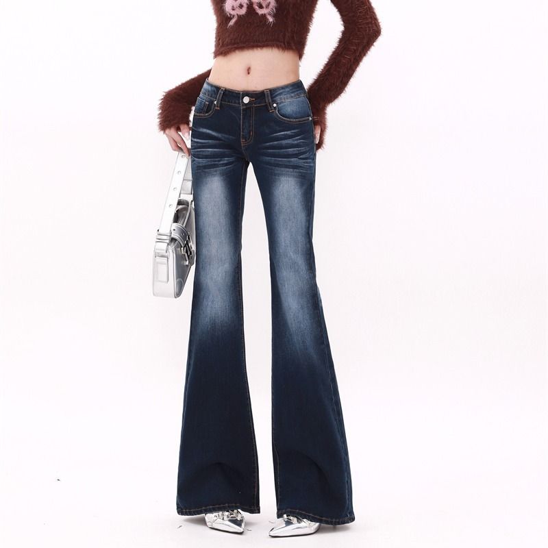 Low-Rise Flared Jeans For Women – Vintage Washed Denim, Extra Long Bootcut Pants For Pear Shape, Y2K Retro Style (S-4XL)_mkmklike.com