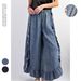 Women's Clothing Bohemian Style Washed Cotton Denim Ruffled Edge Flared Trousers_mkmklike.com