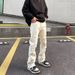 Men's White Distressed Jeans – High Street Straight Leg Ripped Hem Denim Pants (Mid-Rise, Vintage Wash, Light Stretch)_mkmklike.com