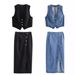 Women's Clothing Solid Color Button Decoration Short Denim Vest High Waist Slit Straight Skirt_mkmklike.com