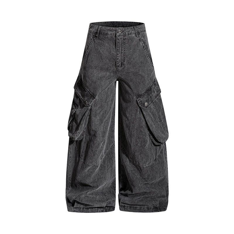 2025 American Retro Pocket Pleated Curved Blade Cargo Pants Men's Trendy Cleanfit Casual Straight Wide Leg Pants_mkmklike.com