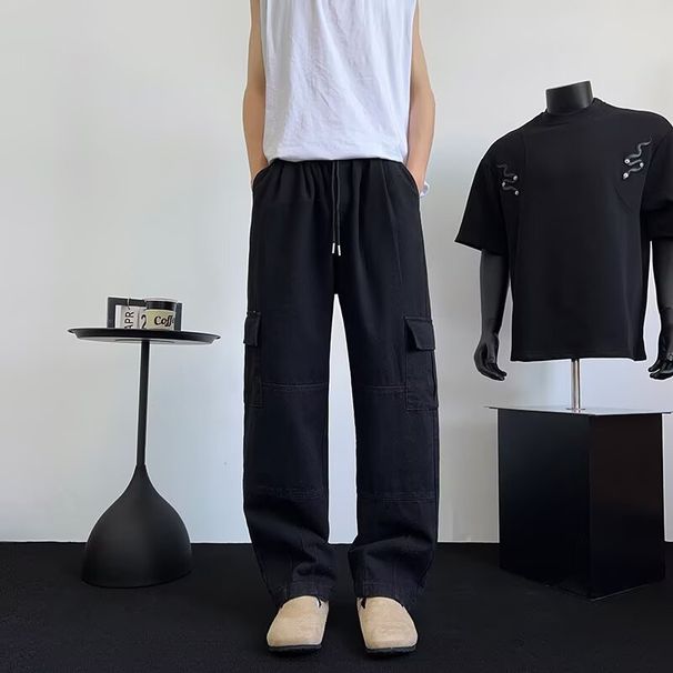Men's American Style Drawstring Cargo Jeans Trendy Streetwear Hip Hop Loose Fit Casual Straight Leg Pants_mkmklike.com