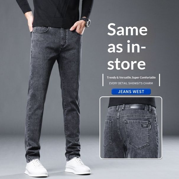 Northfold Summer New Jeans Korean Style Slim Straight Mid-Waist Stretch Black Comfortable Soft Fit Men's Pants_mkmklike.com