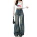 Unique Retro Blue Ripped Wide-leg Jeans For Women, Summer American-style Distressed Loose Straight-leg Pants, Versatile_mkmklike.com