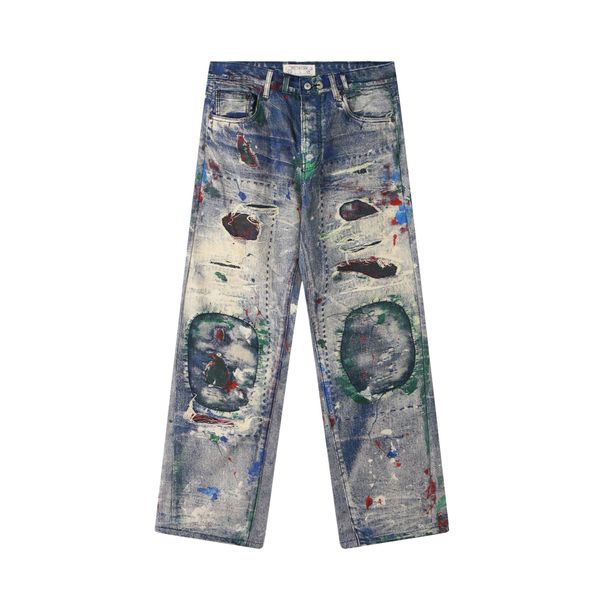 Men's Clothing Digital Printing Ink Splash Jeans Straight Trousers Retro Printing Full Printing Heavy AC Jeans Trend_mkmklike.com