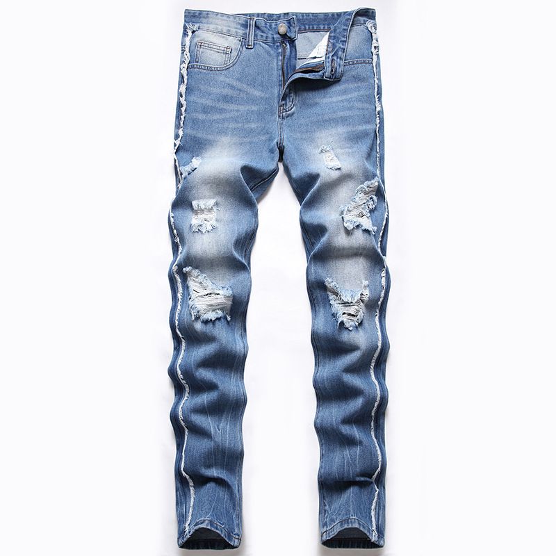 Men's Straight Fit Ripped Jeans – Classic Indigo Denim (Sizes 28-46, Non-Stretch Cotton)_mkmklike.com