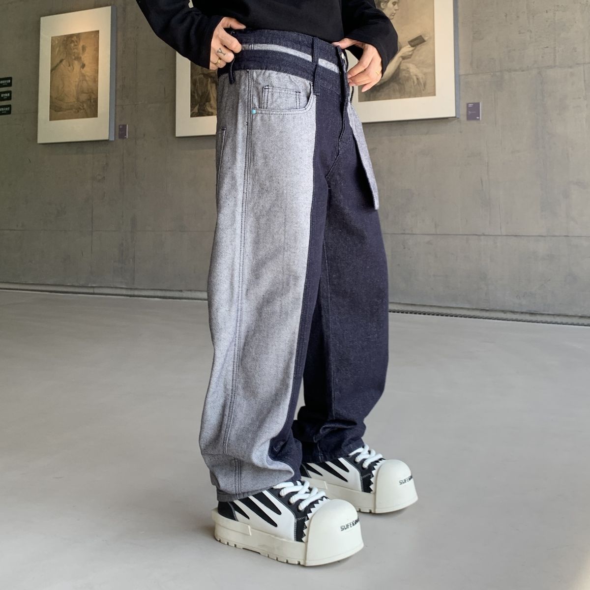 Men's Relaxed Fit Straight Leg Denim Jeans - Vintage Washed Blue With Patchwork Design, Korean Style Casual Trousers_mkmklike.com
